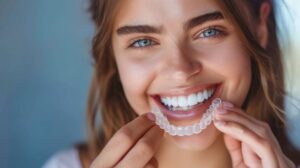 Young woman holding clear aligner close to her smile